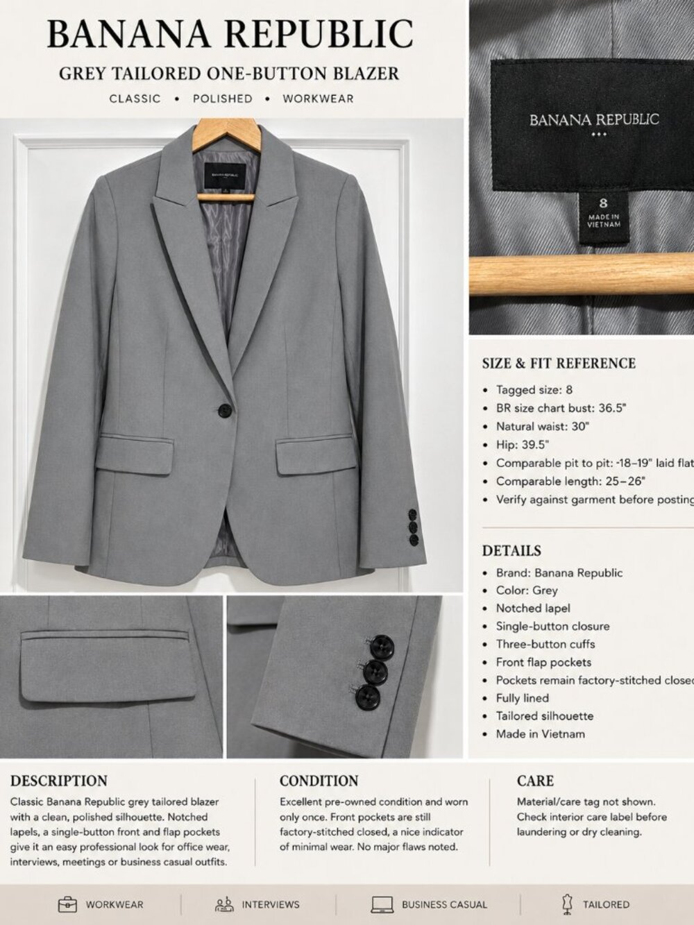 Banana Republic Grey Tailored One Button Blazer Size 8